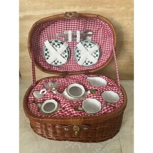 Delton Pretend Play Tea Set Apple Design in Picnic Basket